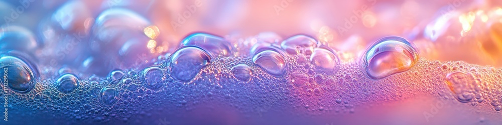 Poster a close-up view of colorful bubbles in a gradient background, showcasing iridescent reflections and 
