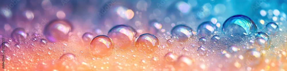 Poster a vibrant close-up of colorful soap bubbles, reflecting light in a mesmerizing array of hues.