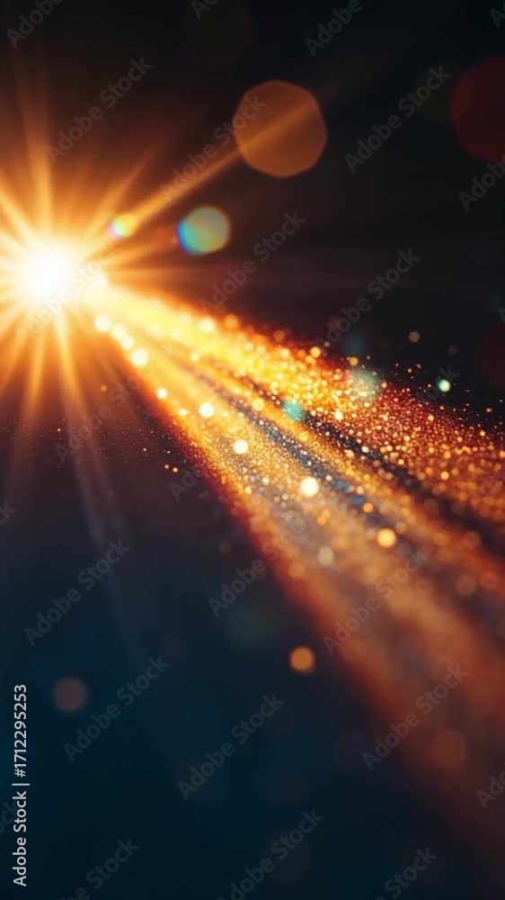 Poster Vibrant light beams radiate through dark background, creating stunning display of sparkling particles, dynamic patterns, and mesmerizing colors that evoke sense of wonder and beauty.