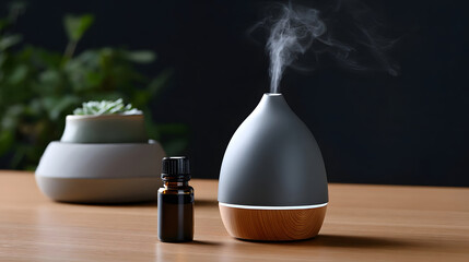 Essential oil diffuser emitting soothing vapor on wooden table surrounded by natural elements, creating a relaxing, therapeutic atmosphere