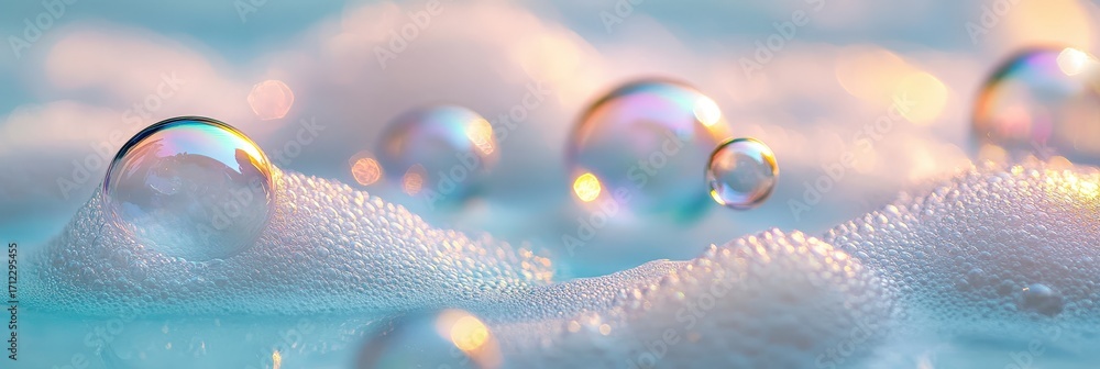 Poster the image features colorful bubbles floating on a soft layer of foam, creating a serene and visually