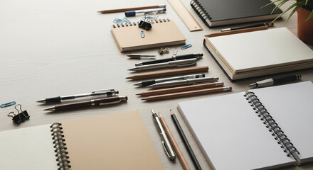 Workspace setup with notebooks and multiple pens on light surface, creative workspace. Modern office workspace essentials are shown, including pads, pens, and desk accessories.