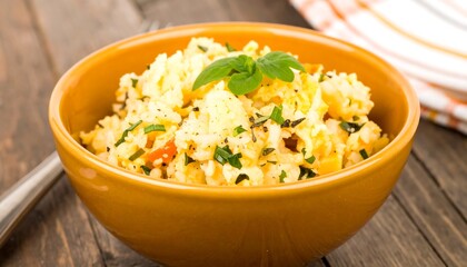 Creamy rice dish in an orange bowl on a wooden table