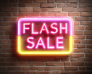 Flash sale neon sign brick wall pink yellow glowing light retail promotion urgent discount excitement