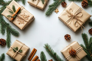 Flat lay top view of beautifully wrapped Christmas presents with luxury satin ribbon bows, festive pine branches and cinnamon sticks on a pure white background with plenty of space for text