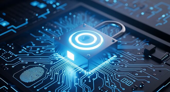 A glowing blue padlock symbol on a circuit board with a fingerprint icon, representing digital security, data protection, and cybersecurity in technology
