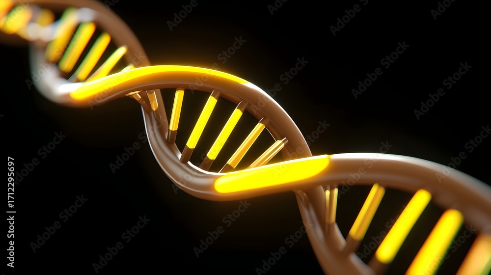 Poster closeup view of a glowing, luminous dna double-helix structure, symbolizing the complex data and inf