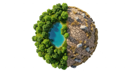 Half lush forest planet half barren land isolated on transparent background
