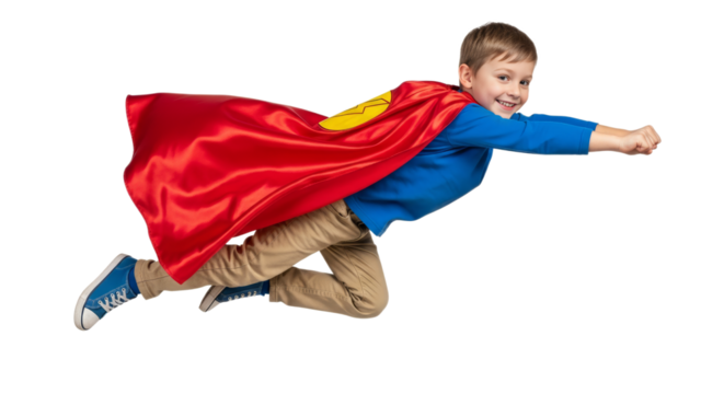 Boy in a superhero cape plays joyfully as he pretends to fly in a creative indoor setting