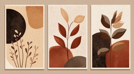 Abstract Botanical Trio: Modern minimalist illustration, showcasing a set of three complementary artistic panels featuring leaves, organic shapes, and earthy tones to enhance any living space.