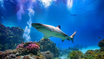 submerged shark in vibrant aquarium landscape