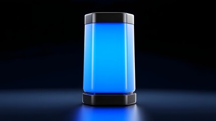A sleek, modern electronic device emitting a bright blue glow, creating a futuristic and minimalist display against a dark backdrop.