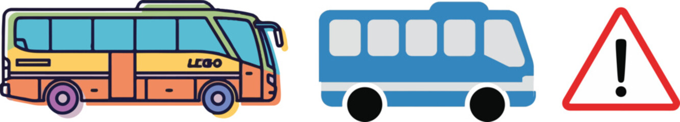 Stylized Buses and Safety Warning Symbol Vector Illustration