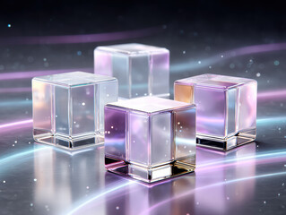 Floating translucent cube glass blocks glowing with pastel light ribbons and soft sparkles, futuristic reflective surface and atmospheric bokeh adding dreamy mood