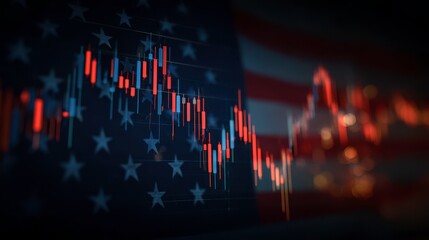 Financial Trading Chart with American Flag Background and Candlesticks
