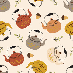 Autumn Kettles and Leaves Vector Seamless Pattern