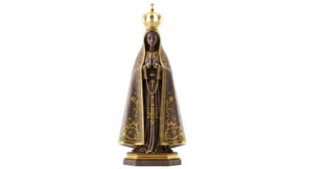Depiction of Nossa Senhora Aparecida adorned with golden details against a clean white backdrop in full body view