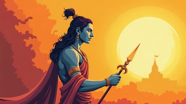  lord rama for ram navami.  a blue-skinned ancient warrior holding a spear, gazing toward a distant palace against a dramatic sunset sky, inspired by Indian mythology and epics.