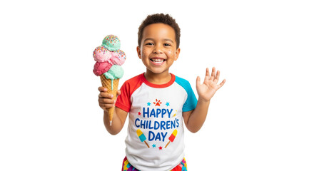 Young boy smiles while holding colorful ice cream cone on Children's Day celebration