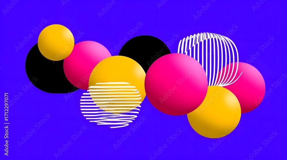Poster visually striking abstract design featuring a dynamic arrangement of colorful, geometric spheres and