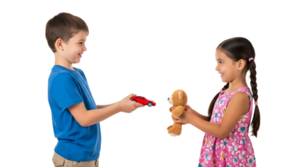 Children exchange toys happily in a playful setting, showcasing friendship and sharing values during a sunny day