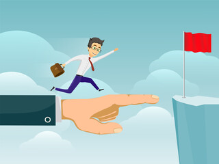 Businessman running along a human hand toward a mountain with a red flag. Concept of successful business and career. Vector illustration.