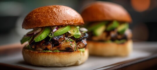 Delicious gourmet burger with avocado and fresh toppings on a brioche bun food photography close up shot