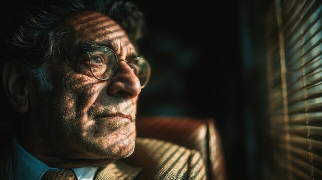 Elderly man with glasses sits by a window looking thoughtfully out conveying contemplation and life experience