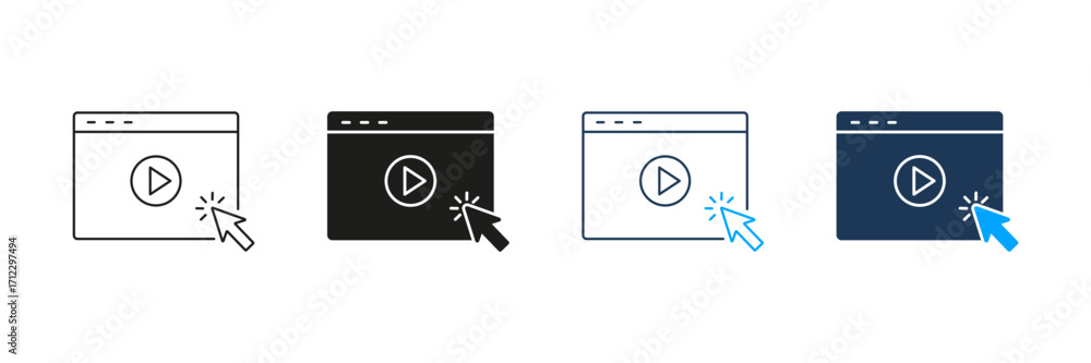 Poster video player interface with cursor click line and solid icon set. online media playback and user int