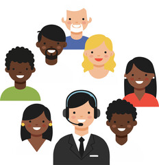 Diverse group surrounded by customer service representative