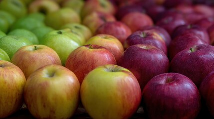 Close-up of a pile of apples. the apples are of different colors - red, green, and yellow - and are arranged in a neat and orderly manner.