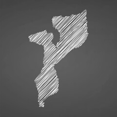 Mozambique map hand drawn sketch. Vector concept illustration flag, scribble map. Country map for infographic, brochures and presentations isolated on black background. Vector illustration