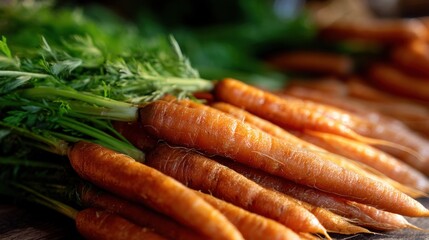 Bunch of fresh carrots with their green leaves still attached. the carrots are arranged in a pile on a wooden surface. the stems of the carrots are visible, and they are a bright orange color.