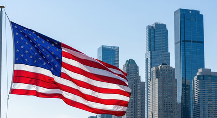 American flag waving in wind against backdrop of urban skyscrapers, depicting patriotism. American flag, symbol of freedom, ripples gently, framed by architectural giants, embodying civic pride.