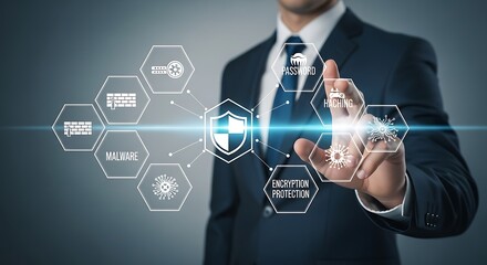 Businessman touching a digital interface showing security icons like shield, lock, and virus, representing cybersecurity solutions