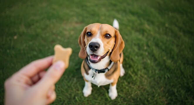Beagle Dog Receiving Treat.
