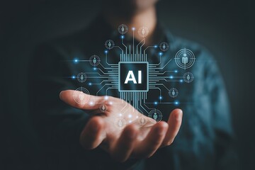 Person holding a digital ai cpu with circuit board and connected network of human icons signifying technology connection