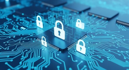 Digital security concept with glowing padlocks on a blue circuit board background, representing data protection and cybersecurity