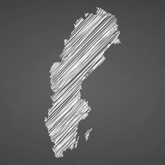 Sweden map hand drawn sketch. Vector concept illustration flag, scribble map. Country map for infographic, brochures and presentations isolated on black background. Vector illustration