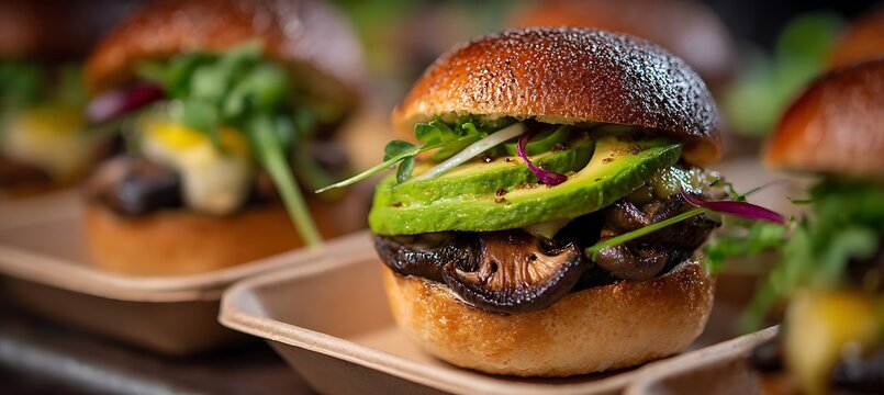 Delicious gourmet avocado mushroom burger sliders on a wooden tray healthy food photography stock image