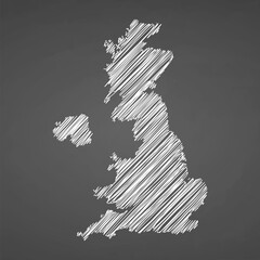 United Kingdom map hand drawn sketch. Vector concept illustration flag, scribble map. Country map for infographic, brochures and presentations isolated on black background. Vector illustration
