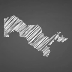 Uzbekistan map hand drawn sketch. Vector concept illustration flag, scribble map. Country map for infographic, brochures and presentations isolated on black background. Vector illustration