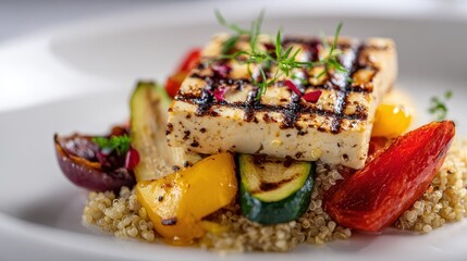 Grilled Tofu and Colorful Vegetable Medley on a Bed of Quinoa