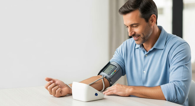 Blood pressure check with digital monitor on arm of smiling man, blood pressure check at home for health care. Health concept blood pressure check indicates awareness of health.