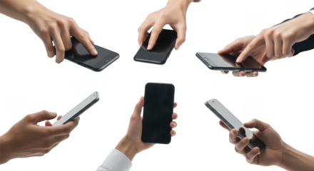 Multiple hands holding smartphones isolated on transparent background