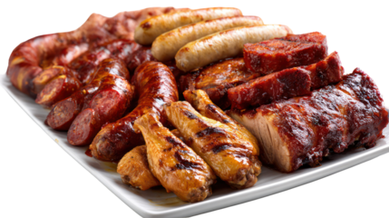 Assortment of grilled meats and chicken legs isolated on transparent background