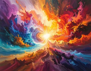 A vibrant, abstract landscape explodes with a radiant central light, showcasing a dynamic mix of swirling colors and textures.