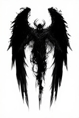 Dark shadowy demon with large black wings and glowing eyes, abstract gothic creature silhouette