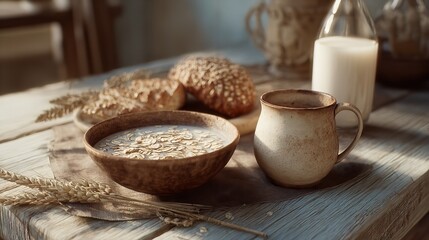 Rustic Breakfast: Oatmeal, Bread, and Milk - A Wholesome Morning Scene