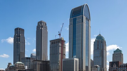 Obraz premium Skyline view of modern skyscrapers against a clear blue sky capturing urban architecture and impressive cityscape designs